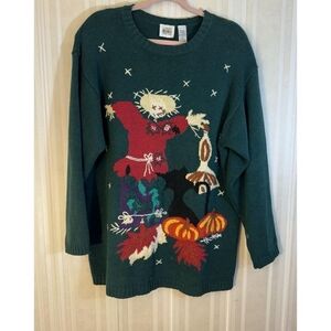 Green Sweater with Scarecrow Design